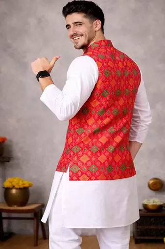 red jacquard weaving cotton silk koti kurta pajama set