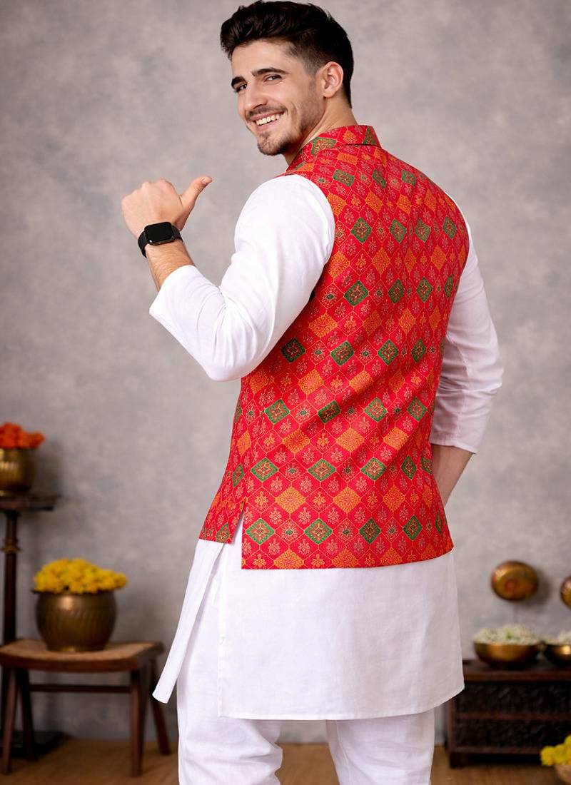 red jacquard weaving cotton silk koti kurta pajama set