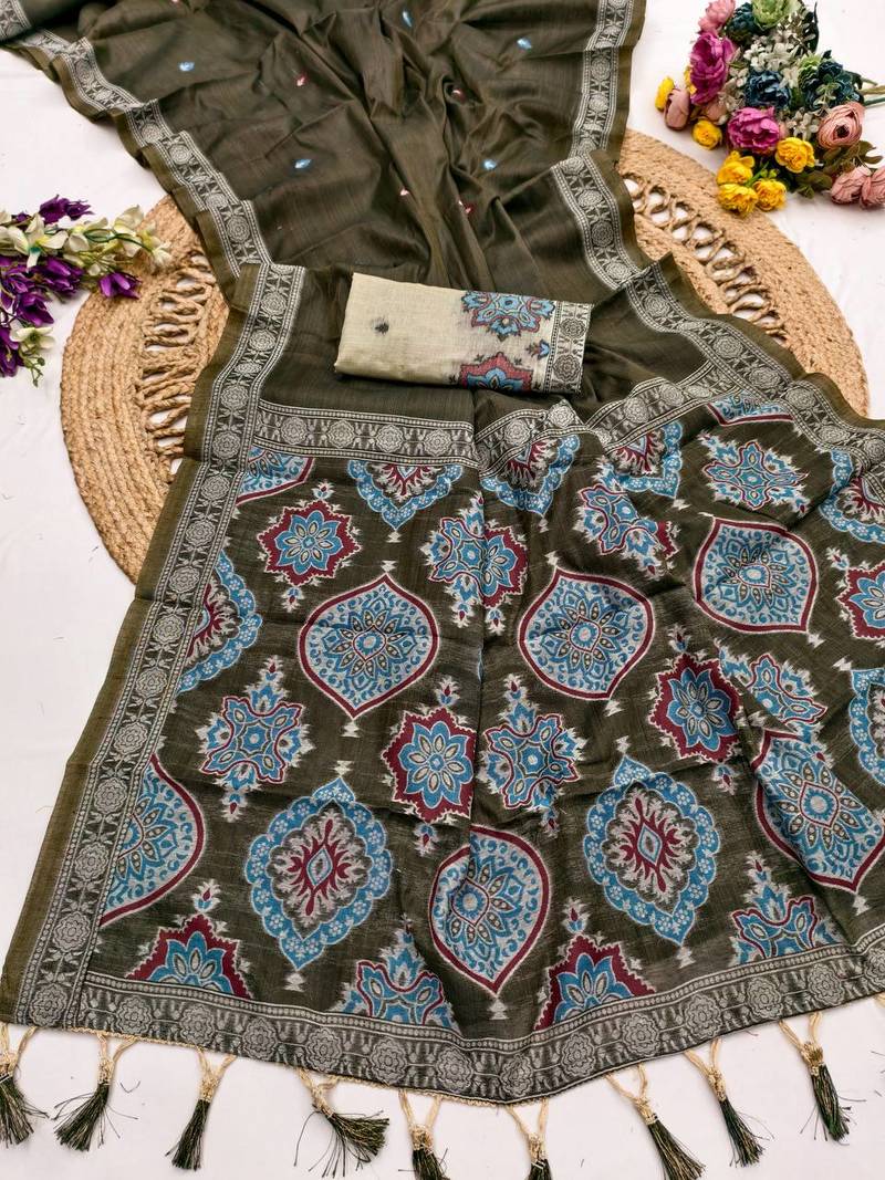 Mehendi muga cotton meenakari & azarakh pallu saree with contrast blouse