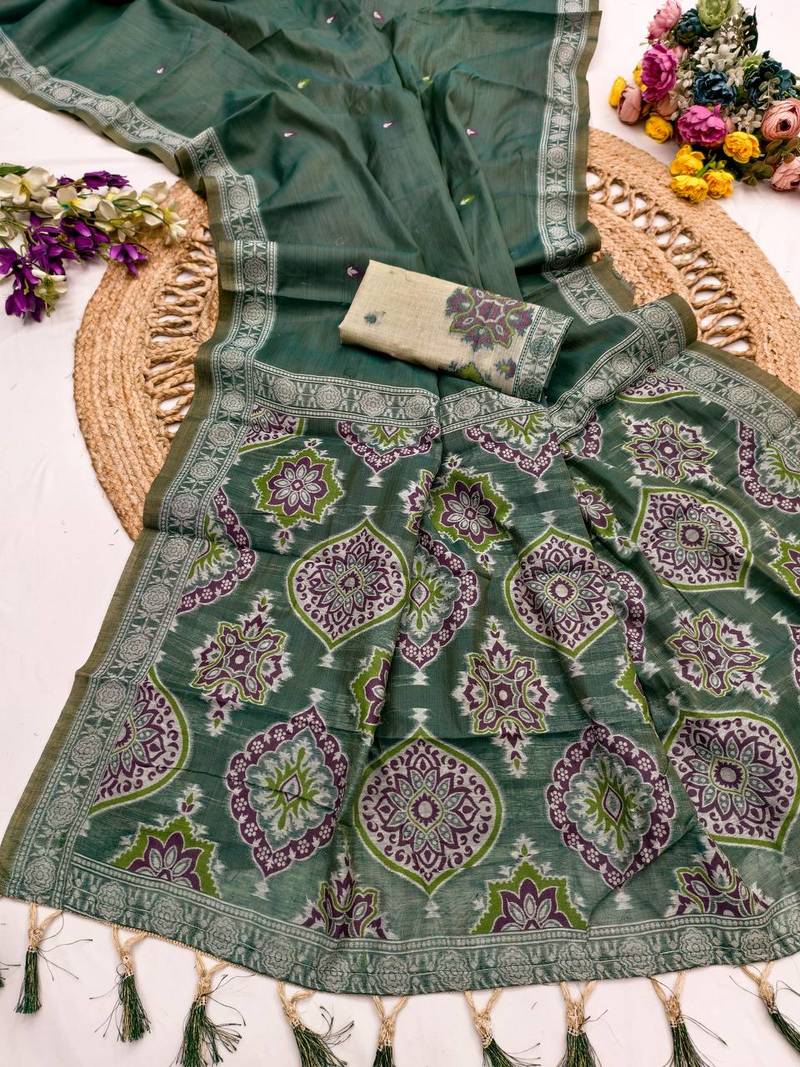 Morpeach muga cotton meenakari & azarakh pallu saree with contrast blouse