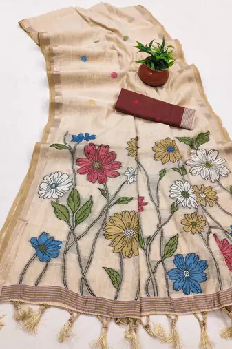 cream cotton saree with multicolor floral pallu