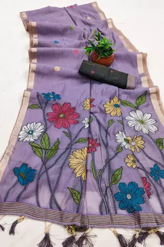 lavender cotton saree with colorful floral pallu