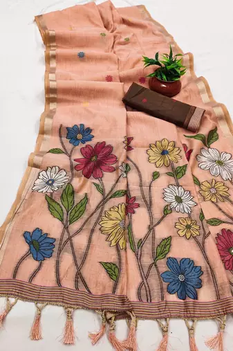 peach pink cotton saree with floral ajrakh pallu