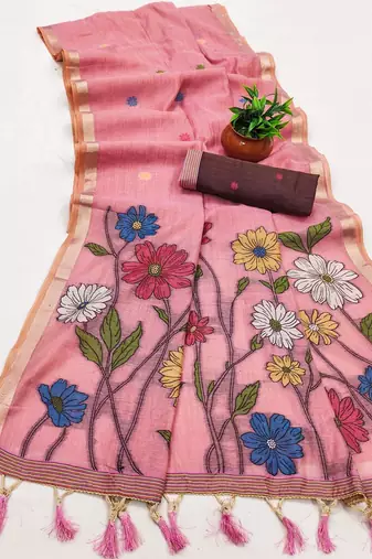 pink muga cotton saree with floral ajrakh pallu