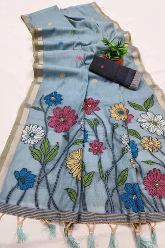 sky blue cotton saree with floral designer pallu