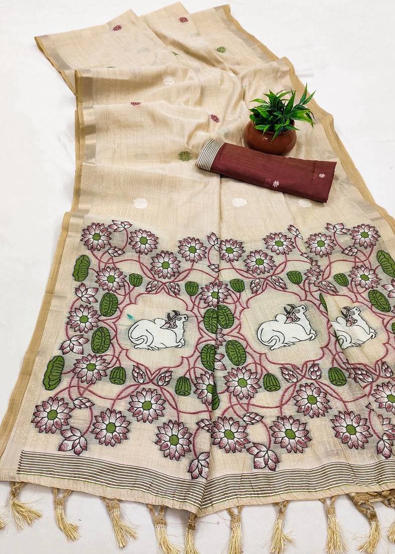 cream cotton saree with designer meenakari pallu