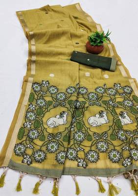 yellow muga cotton saree floral heritage pallu 2