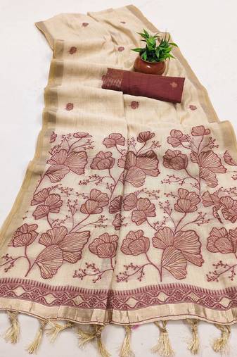 Cream muga cotton meenakari & azarakh pallu saree with contrast blouse