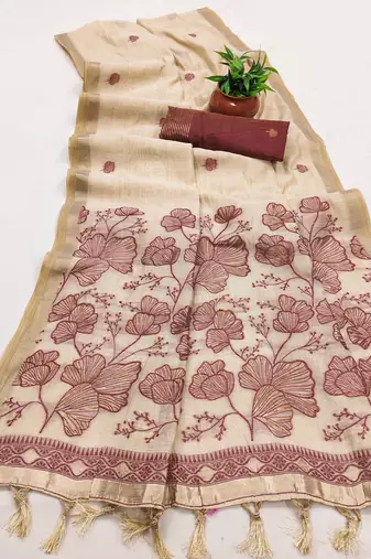 cream muga cotton saree floral meenakari pallu
