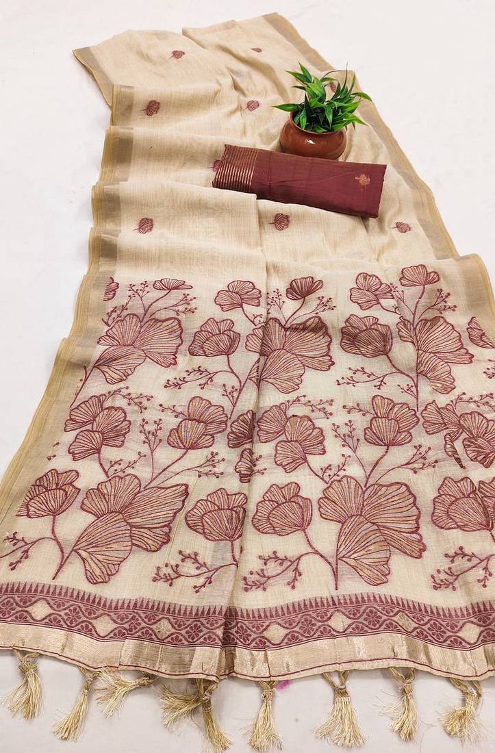 Cream muga cotton meenakari & azarakh pallu saree with contrast blouse