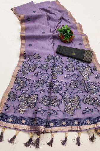 Lavender muga cotton meenakari & azarakh pallu saree with contrast blouse