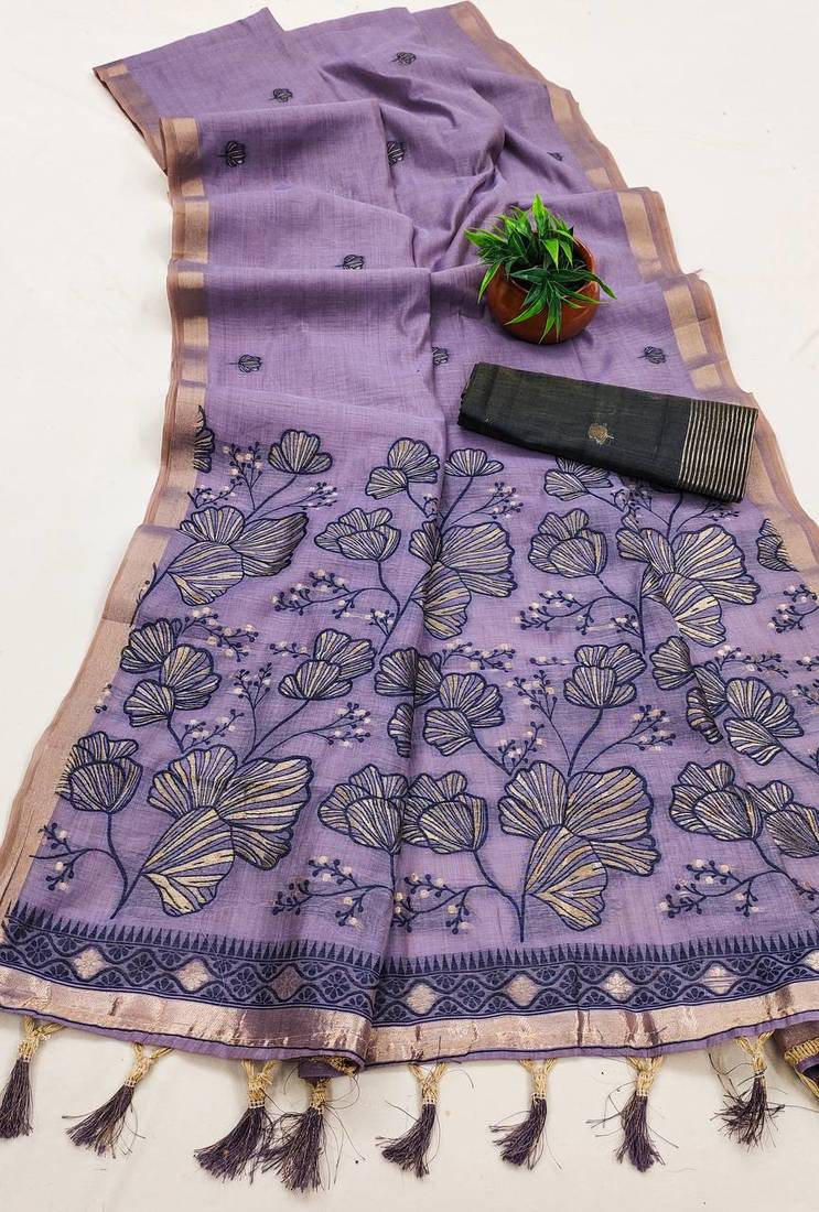 Lavender muga cotton meenakari & azarakh pallu saree with contrast blouse