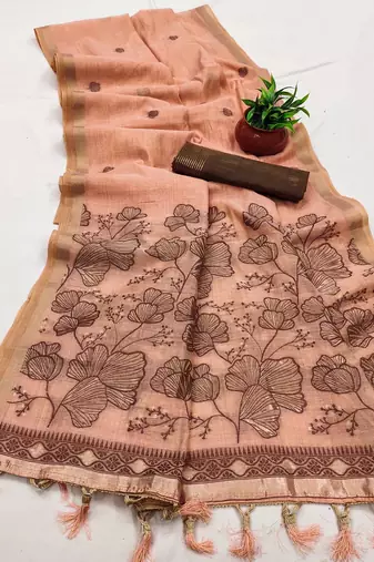 peach muga cotton saree meenakari ajrakh pallu