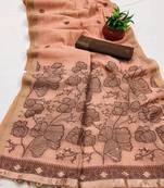 peach muga cotton saree meenakari ajrakh pallu