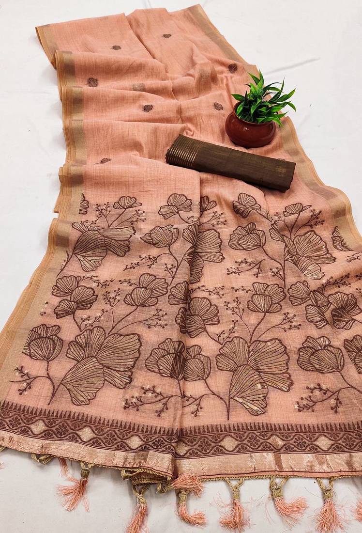 Peach muga cotton meenakari & azarakh pallu saree with contrast blouse