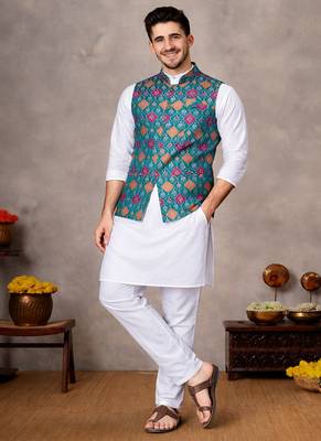 turquoise jacquard weaving cotton silk koti kurta pajama set 1