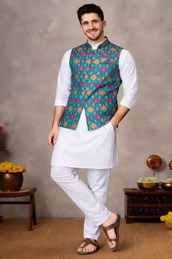 turquoise jacquard weaving cotton silk koti kurta pajama set