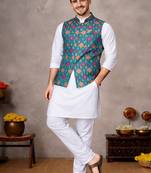 turquoise jacquard weaving cotton silk koti kurta pajama set