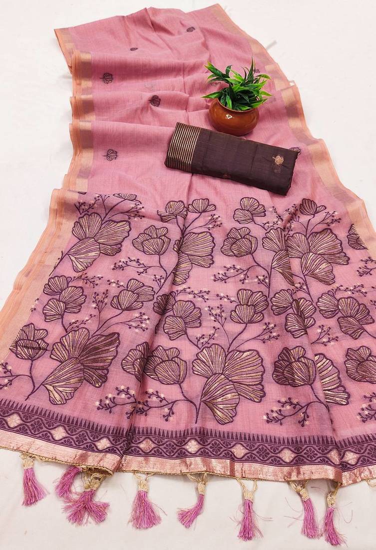 Pink muga cotton meenakari & azarakh pallu saree with contrast blouse