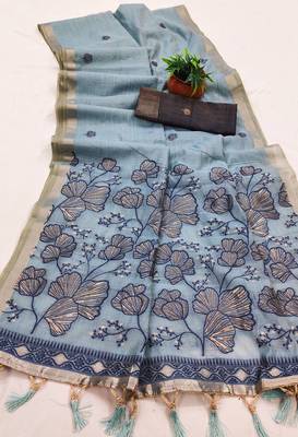 sky blue muga cotton saree meenakari ajrakh pallu 1