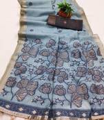 sky blue muga cotton saree meenakari ajrakh pallu