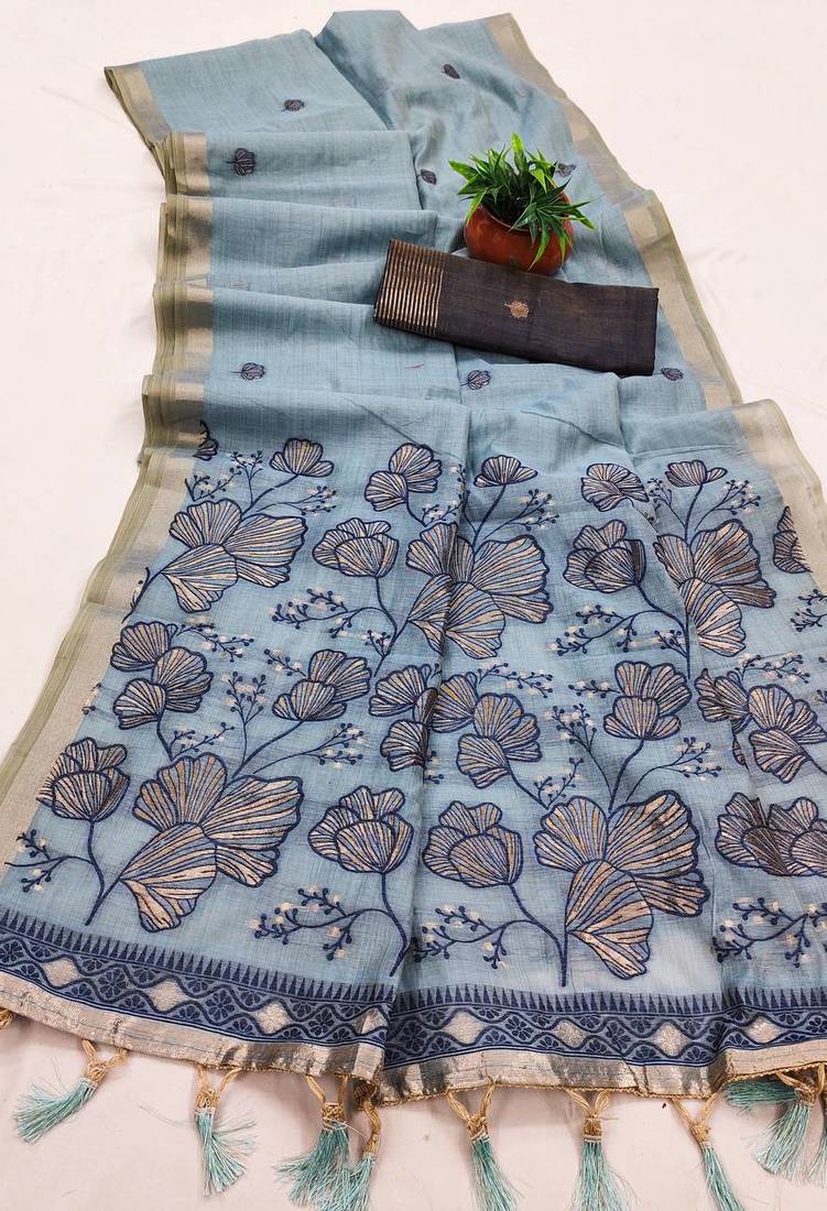 Sky blue muga cotton meenakari & azarakh pallu saree with contrast blouse