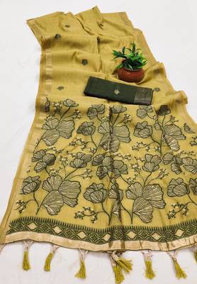 yellow muga cotton meenakari saree with ajrakh pallu 1