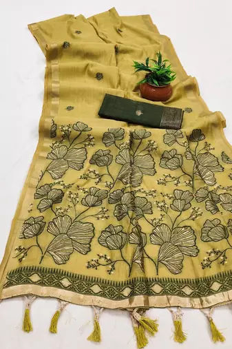 yellow muga cotton meenakari saree with ajrakh pallu
