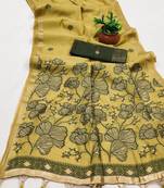 yellow muga cotton meenakari saree with ajrakh pallu