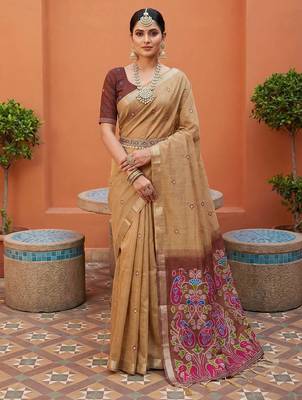 cream muga cotton meenakari saree with ajrakh pallu 1