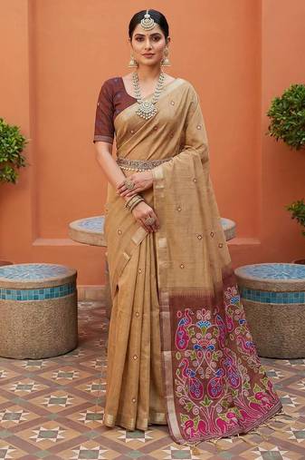Cream muga cotton meenakari & azarakh pallu saree with contrast blouse