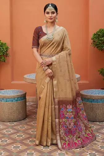cream muga cotton meenakari saree with ajrakh pallu