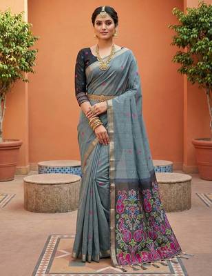 grey muga cotton saree with ajrakh meenakari designer pallu 1