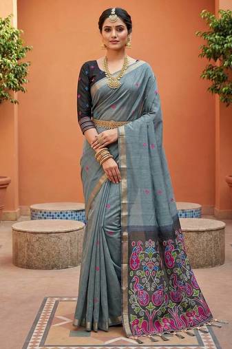 grey muga cotton saree with ajrakh meenakari designer pallu
