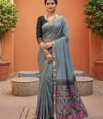 grey muga cotton saree with ajrakh meenakari designer pallu