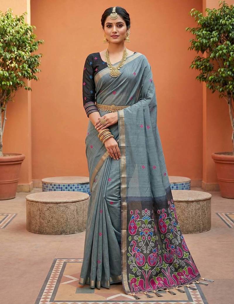 Grey muga cotton meenakari & azarakh pallu saree with contrast blouse