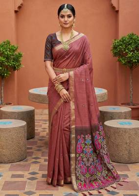 mauve muga cotton saree with ajrakh meenakari designer pallu 1