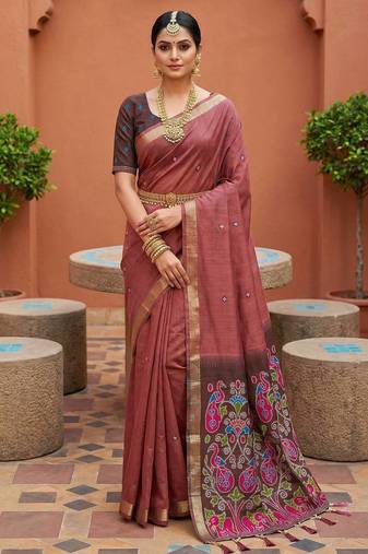 mauve muga cotton saree with ajrakh meenakari designer pallu
