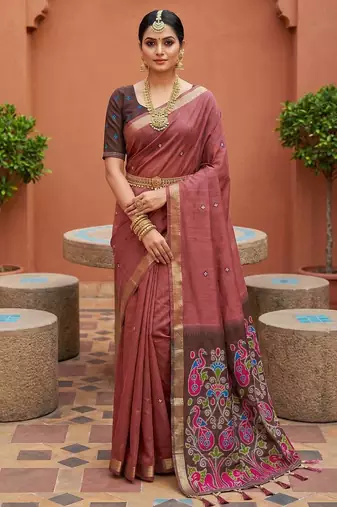 mauve muga cotton saree with ajrakh meenakari designer pallu