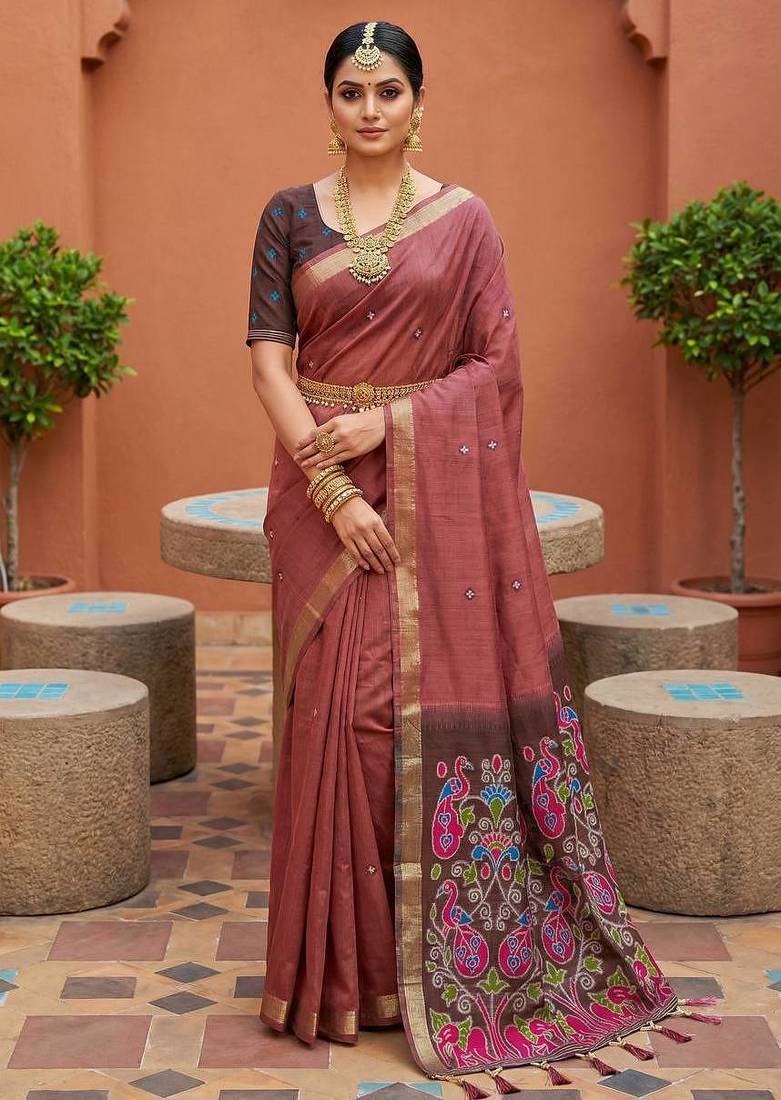 Mauve muga cotton meenakari & azarakh pallu saree with contrast blouse