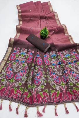 mauve muga cotton saree with ajrakh meenakari designer pallu 2