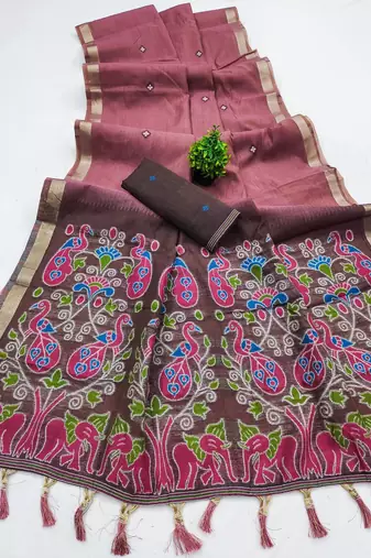 mauve muga cotton saree with ajrakh meenakari designer pallu