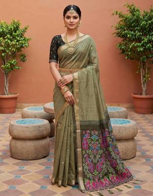 mehendi muga cotton saree with ajrakh meenakari designer pallu 1
