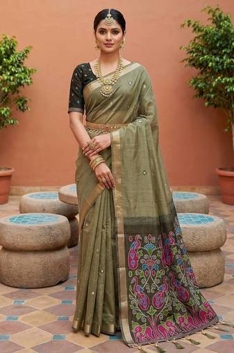 mehendi muga cotton saree with ajrakh meenakari designer pallu