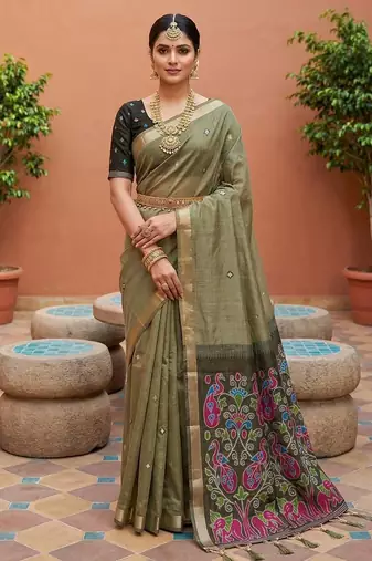 mehendi muga cotton saree with ajrakh meenakari designer pallu