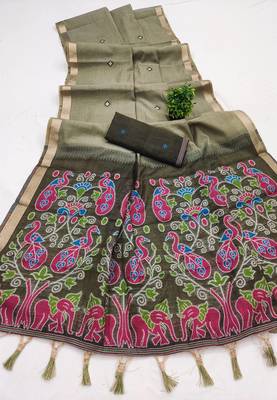 mehendi muga cotton saree with ajrakh meenakari designer pallu 2