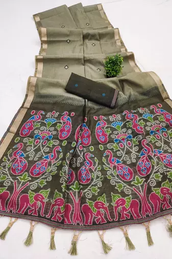 mehendi muga cotton saree with ajrakh meenakari designer pallu
