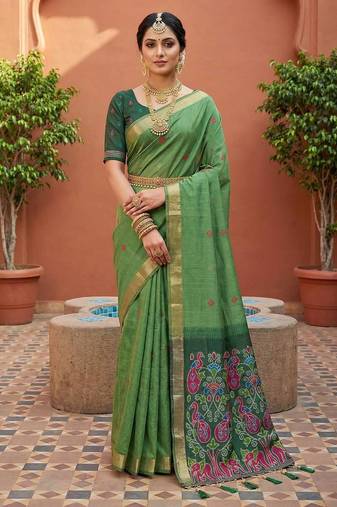Pista muga cotton meenakari & azarakh pallu saree with contrast blouse