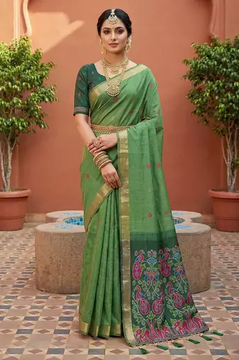 pista muga cotton saree with ajrakh meenakari designer pallu