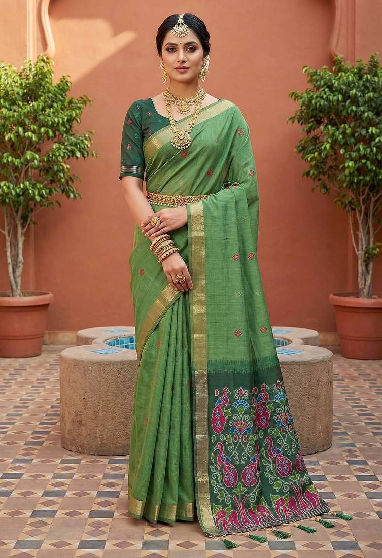 Pista muga cotton meenakari & azarakh pallu saree with contrast blouse